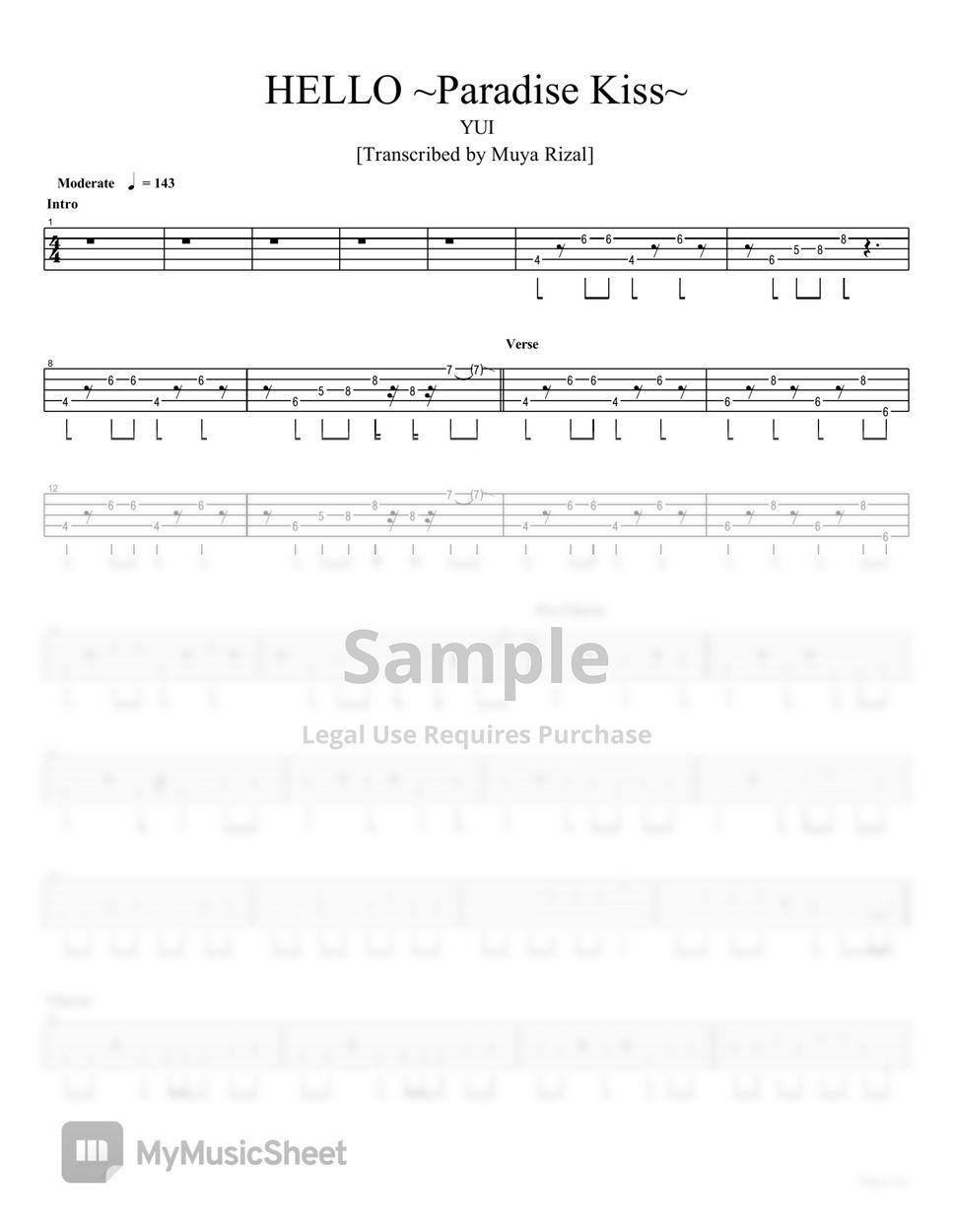 YUI HELLO Paradise Kiss (Bass TAB) Sheets by Muya