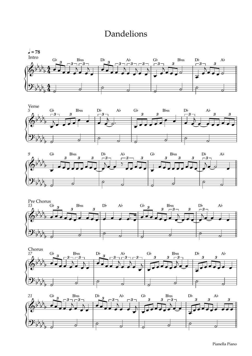 Ruth B Dandelions EASY Piano Sheet Sheets By Pianella Piano