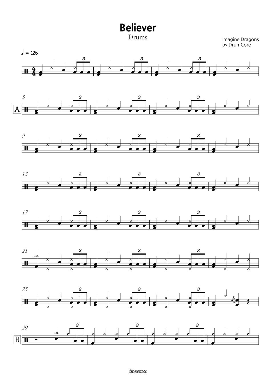 Imagine dragons believer sheet by drumcore