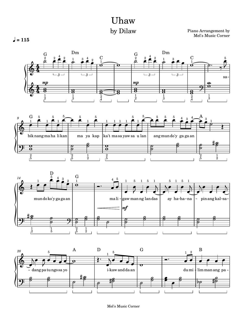 Dilaw Uhaw (Simplified Piano Arrangement Transposed to Key of C