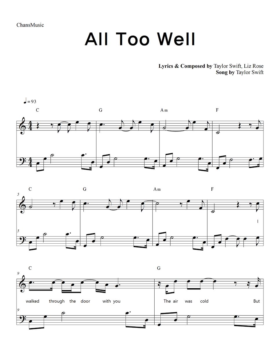 Taylor Swift All Too Well (Easy Version) Sheets by ChansMusic