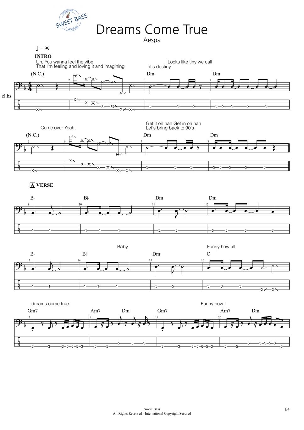 Aespa Dreams Come True Bass Cover(+BASS TAB) Tabulatur + 1staff by