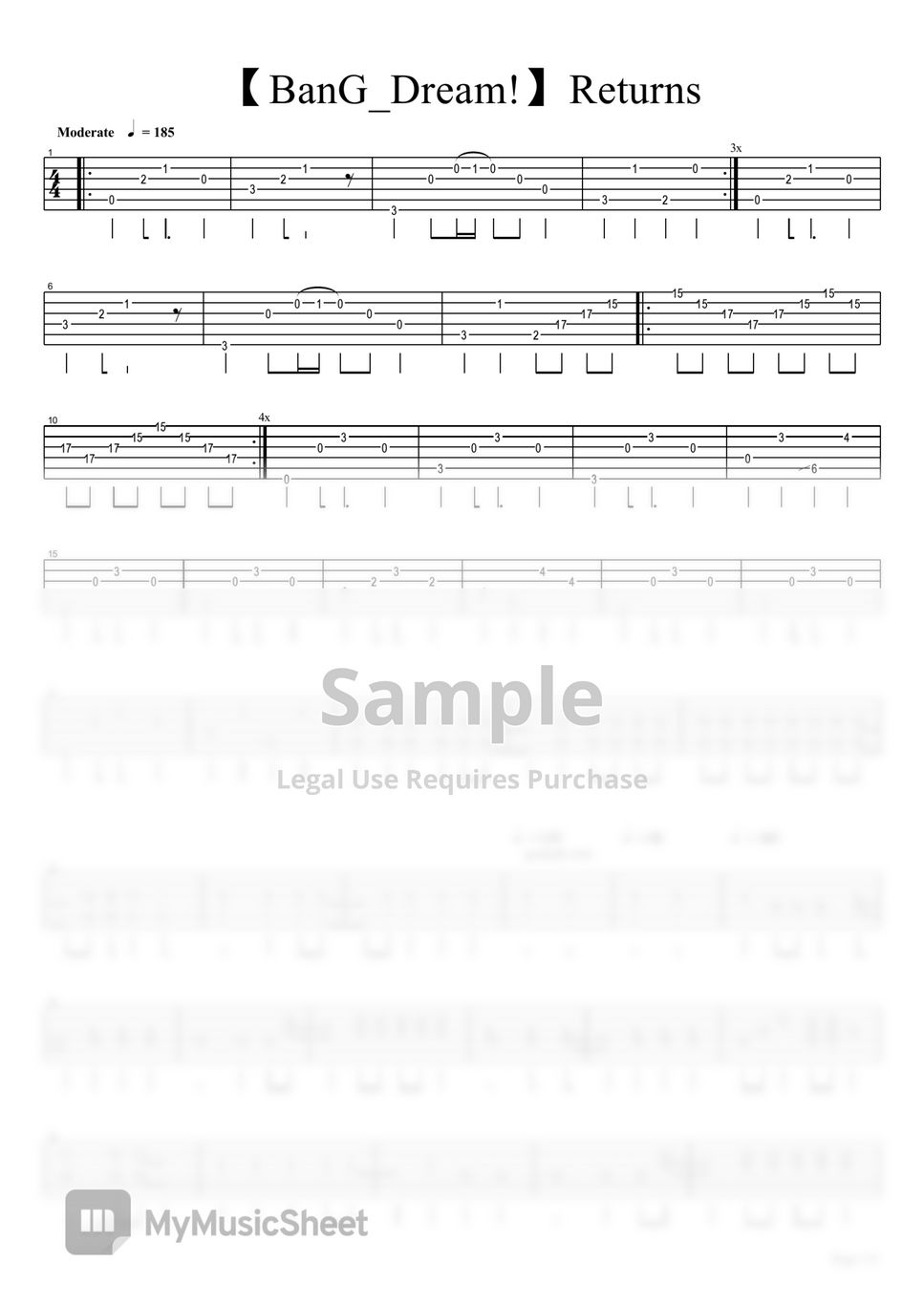 BanG Dream - Returns guitar tab arrangement by eric lo
