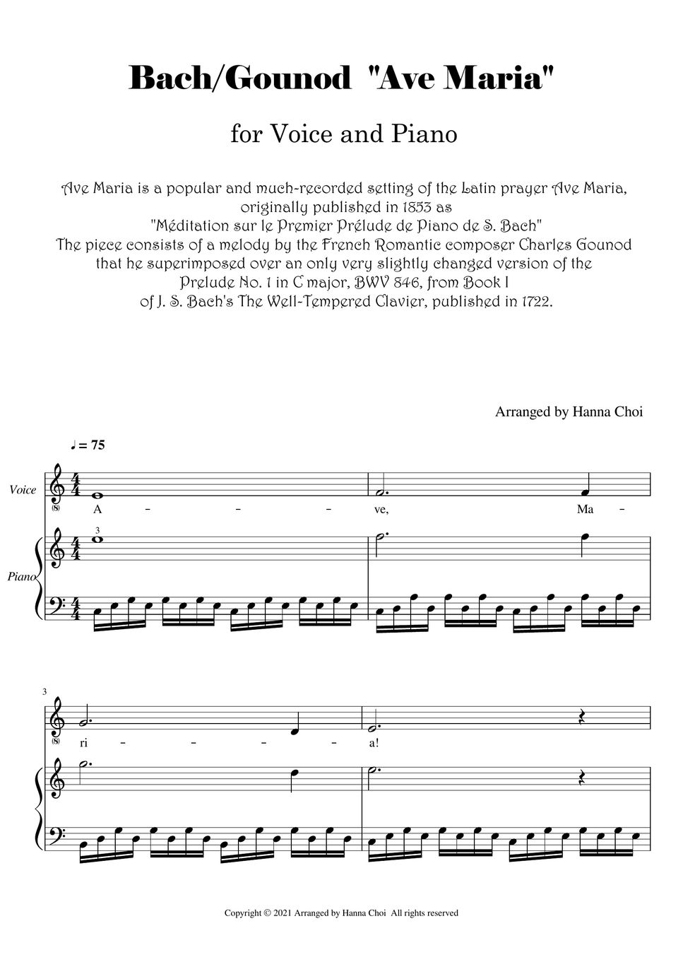 Bach/Gounod "Ave Maria" 구노/바흐 아베마리아보컬&피아노반주 (Voice and Piano) 악보 by Hanna