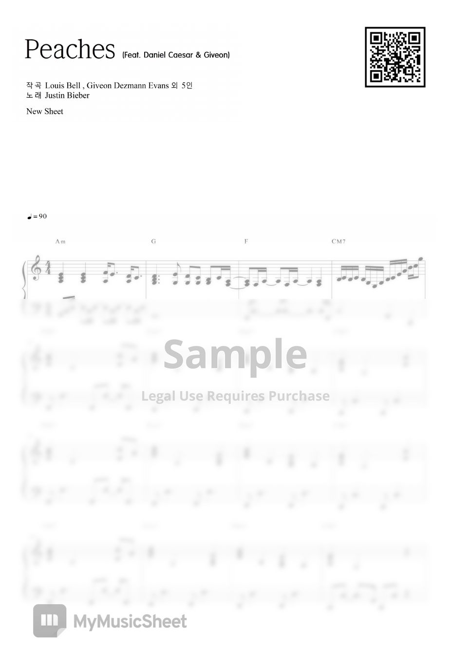 Justin Bieber Peaches (bacp up piano , 반주악보) 악보 by NewSheet