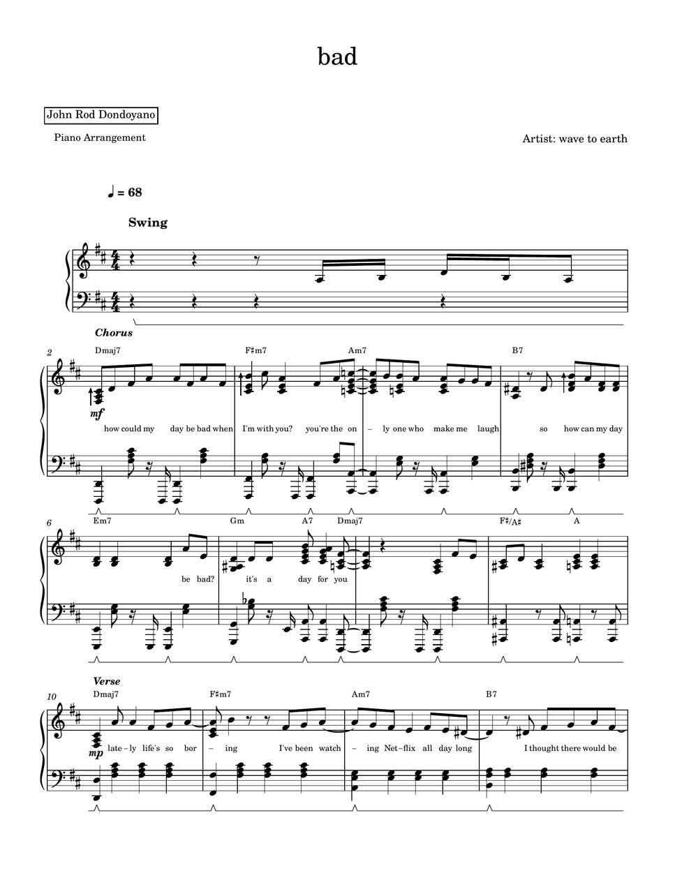 wave to earth - bad (PIANO SHEET) by John Rod Dondoyano