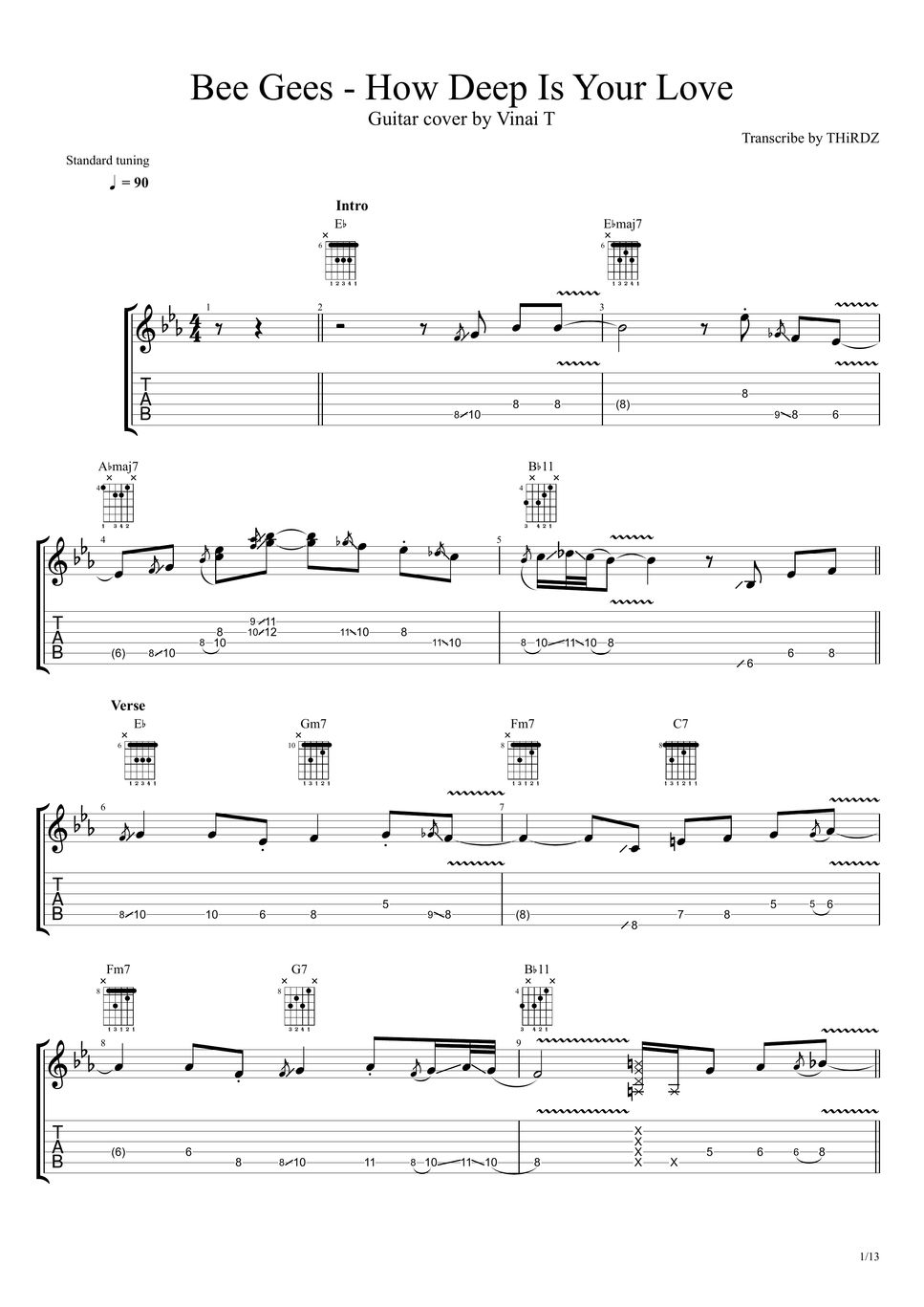 Bee gees how deep is your love tab 1staff by vinai t