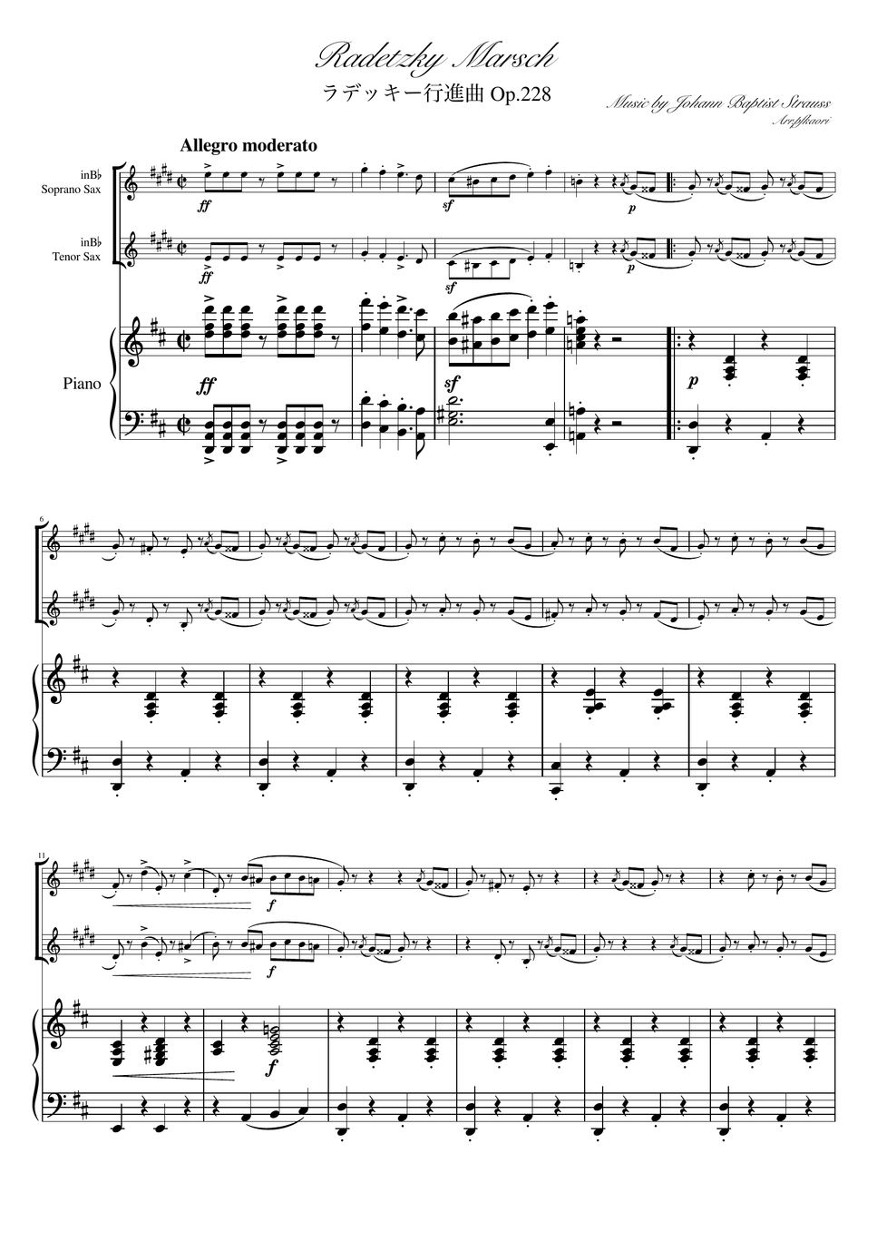 ヨハンシュトラウス1世 - ラデッキー行進曲 (D・ピアノトリオ/ソプラノサックス&テナーサックス) by pfkaori