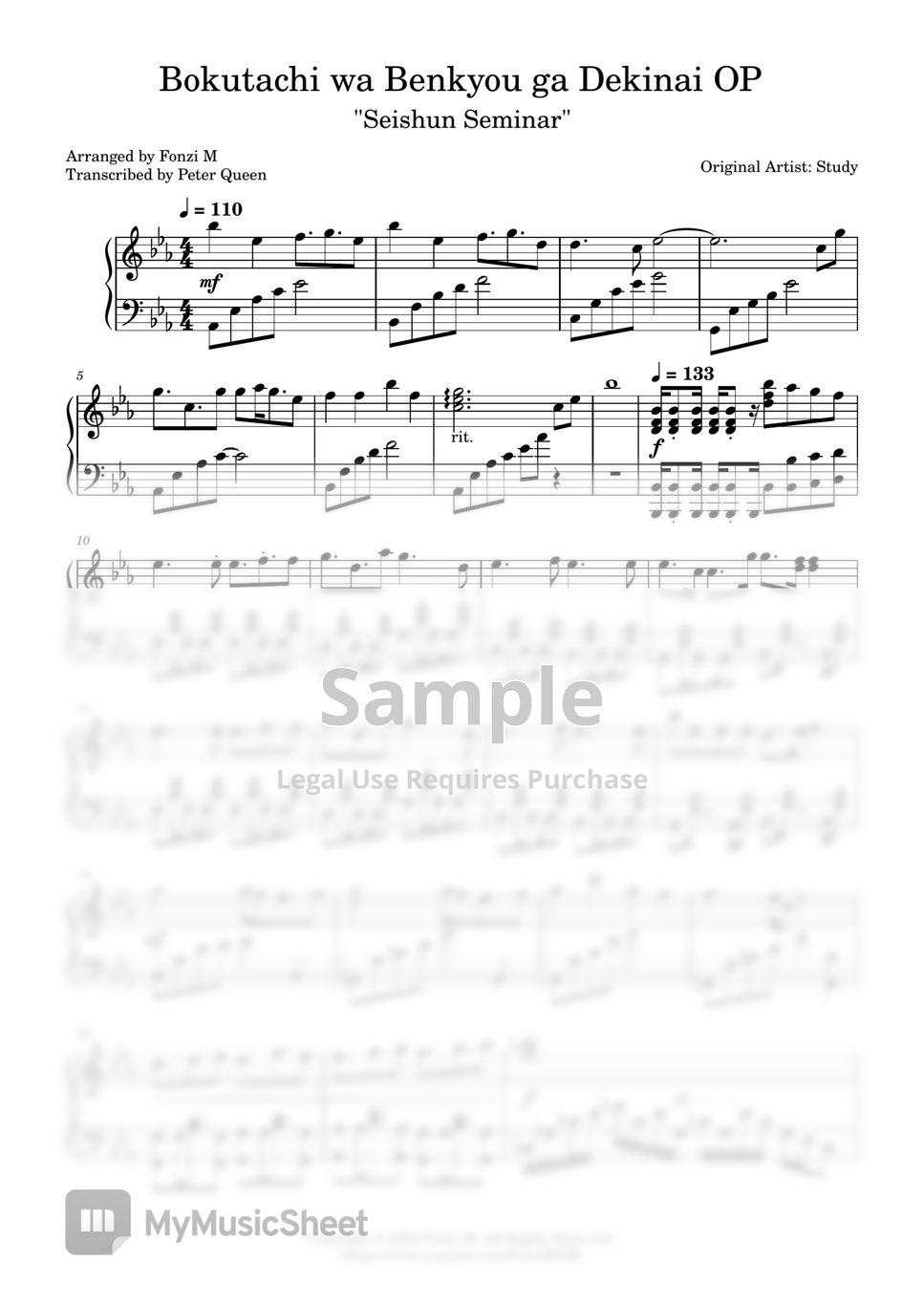 Bokutachi wa Benkyou ga Dekinai OP Sheet music for Piano (Solo