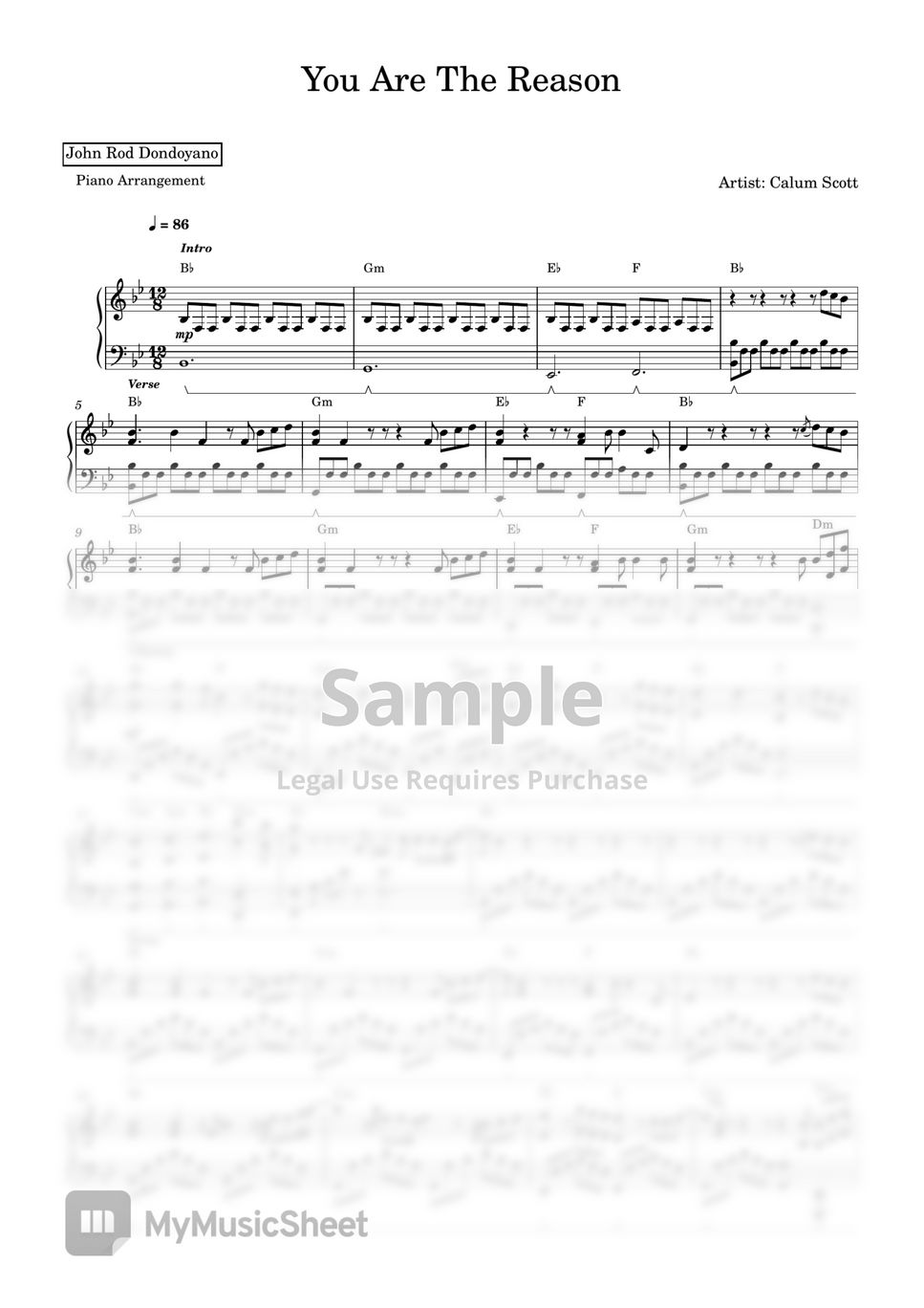 Calum Scott You Are The Reason (PIANO SHEET) 악보 by John Rod Dondoyano