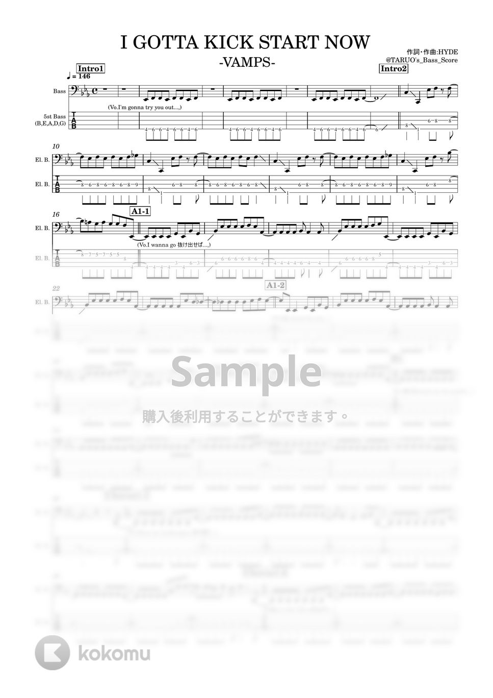 VAMPS - I GOTTA KICK START NOW (VAMPS/ベース/5弦/HYDE/Ju-ken) by TARUO's_Bass_Score