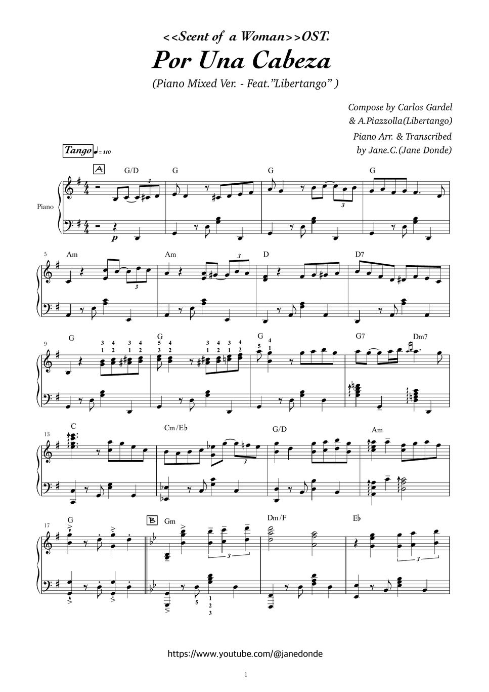 Carlos Gardel 、Astor Piazzolla(Libertango) - 【 Por Una Cabeza】- Piano Mixed Ver. (Bonus: Easy Solo Version) by Jane.C.(Jane Donde)