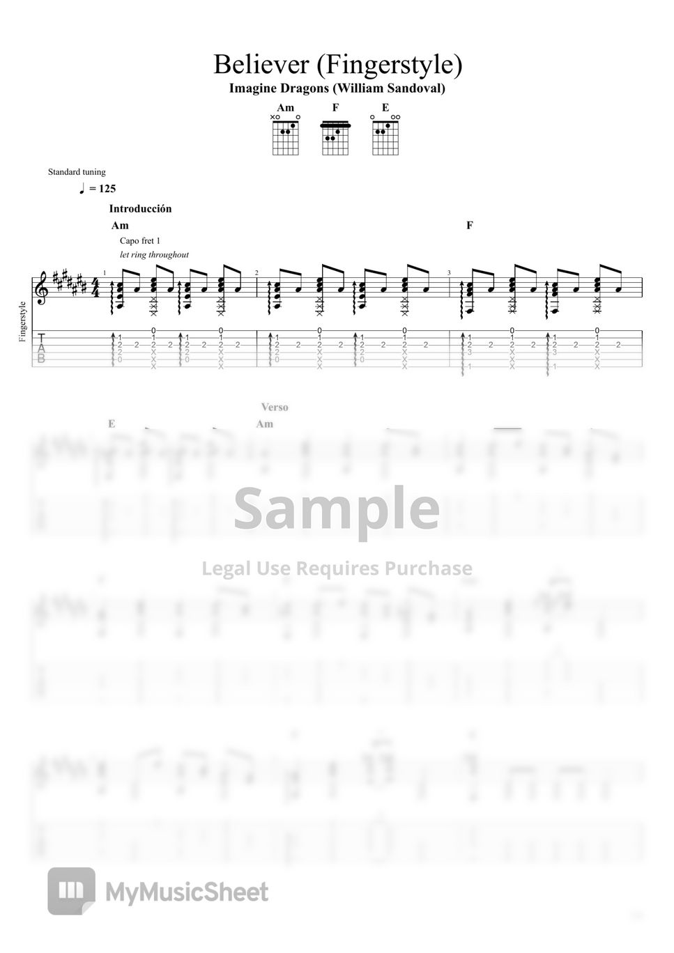 Imagine Dragons Believer (Fingerstyle) Tab + 1staff by William Sandoval