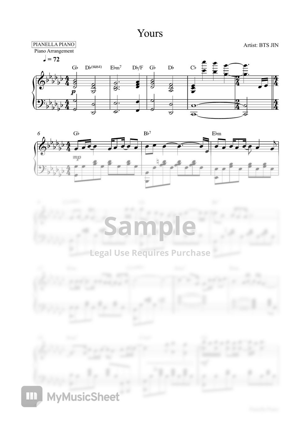 BTS JIN - Yours (2 PDF: Original Key in Gb & Easier Key in F) by Pianella Piano