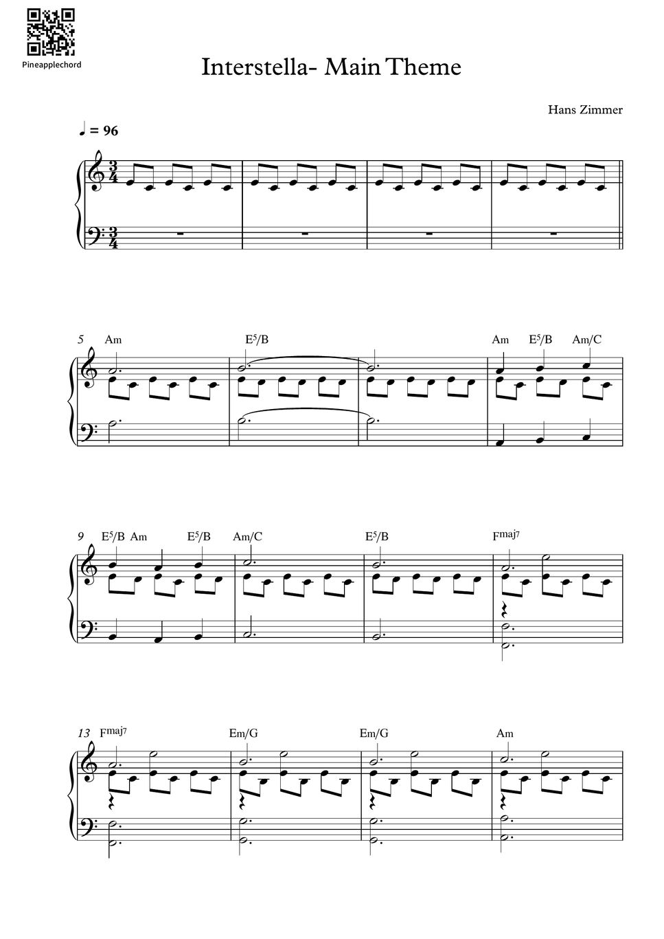 Hans Zimmer Interstellar OST First Step (Original Key) Sheets by