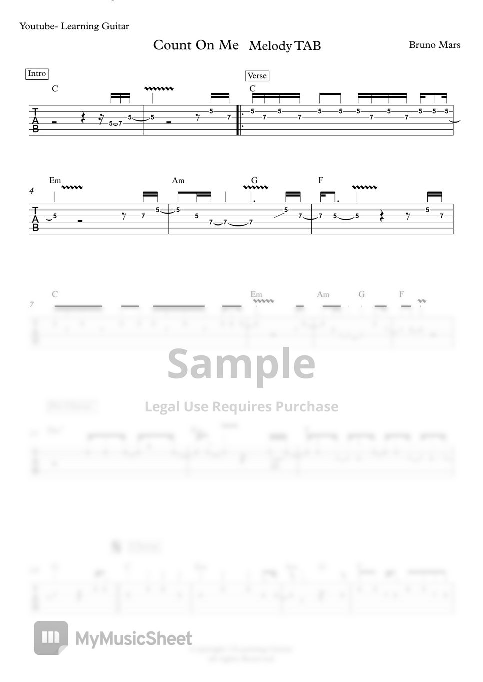 Bruno Mars - Count On ME Melody TAB by Learning Guitar