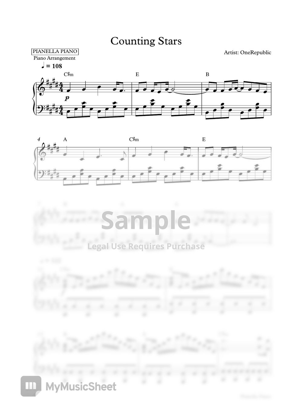 OneRepublic - Counting Stars (Piano Sheet) by Pianella Piano