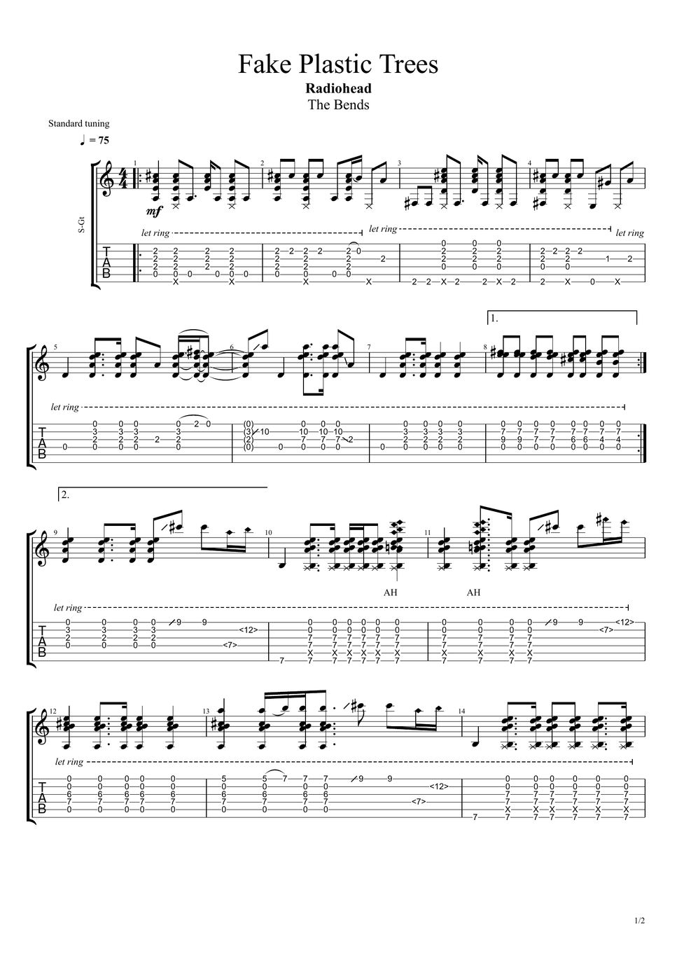 Radiohead Fake Plastic Trees TAB by Nico Music