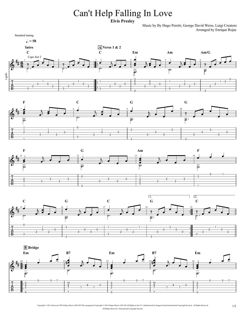 Elvis Presley Cant Help Falling In Love Fingerstyle Guitar Solo Tab 단선 악보 By Enrique Rojas 3157