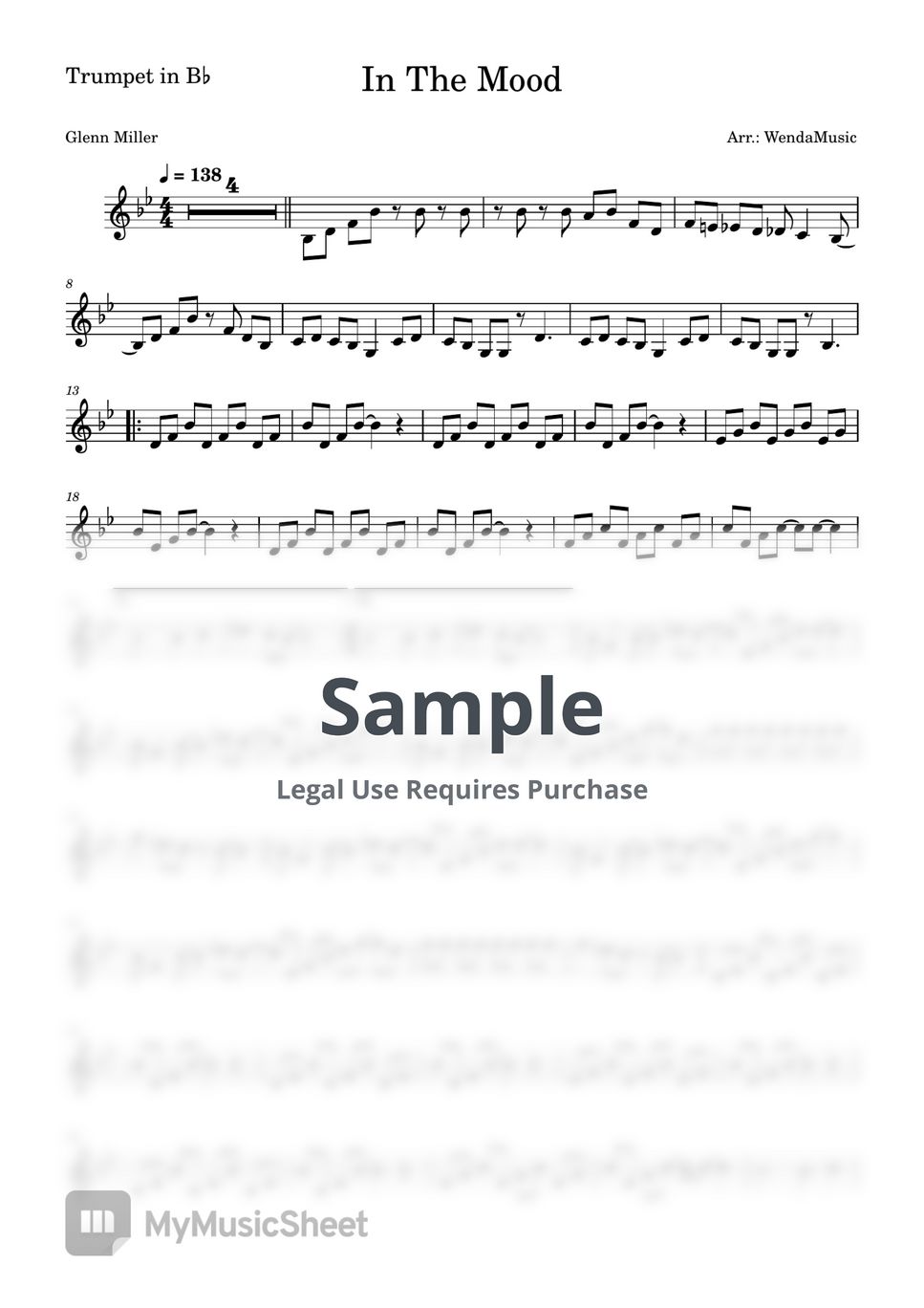 Glenn Miller In The Mood Trumpet in Bb Sheets by WendaMusic