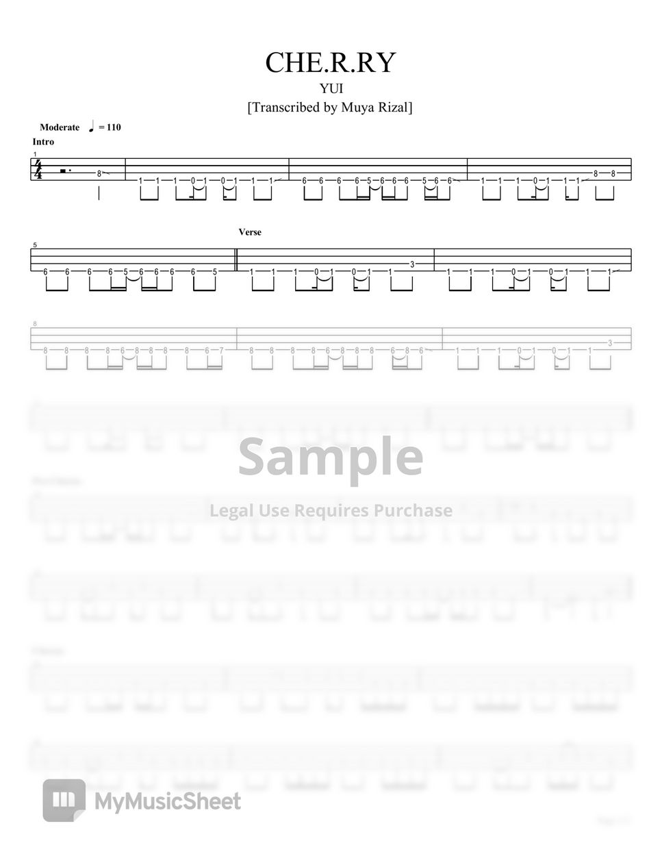 YUI CHE.R.RY (Bass TAB) 楽譜 by Muya