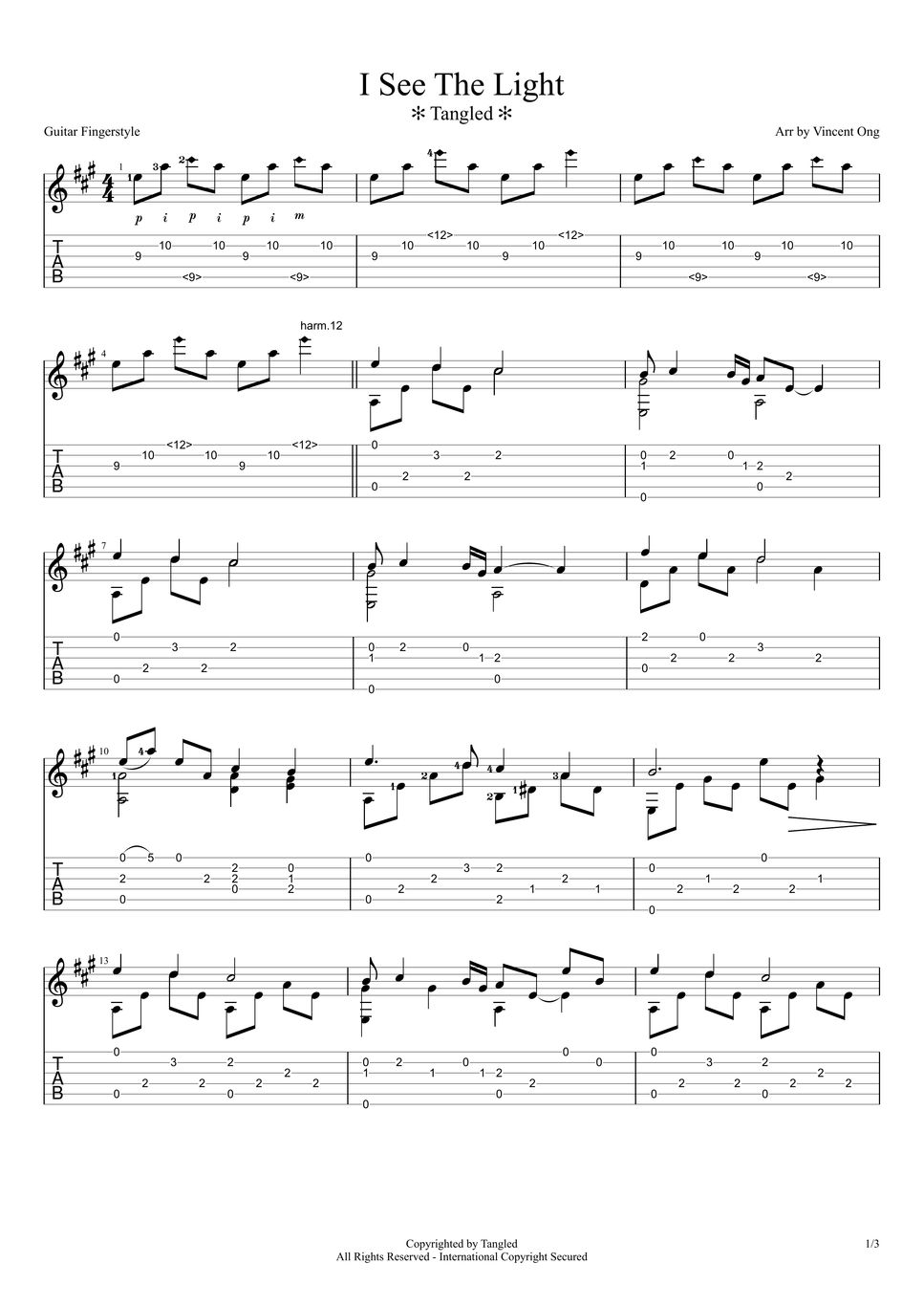 Alan Menken - I See The Light (Tangled) Tab + 1staff by Vincent Ong