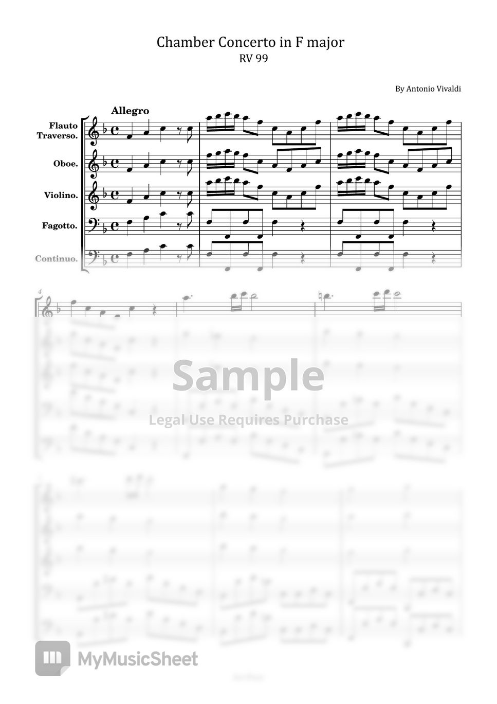 Antonio Vivaldi - Chamber Concerto in F major - RV 99 (For Flute, Oboe, Violin, Bassoon and Continuo Original Complete Score And Parts) by poon