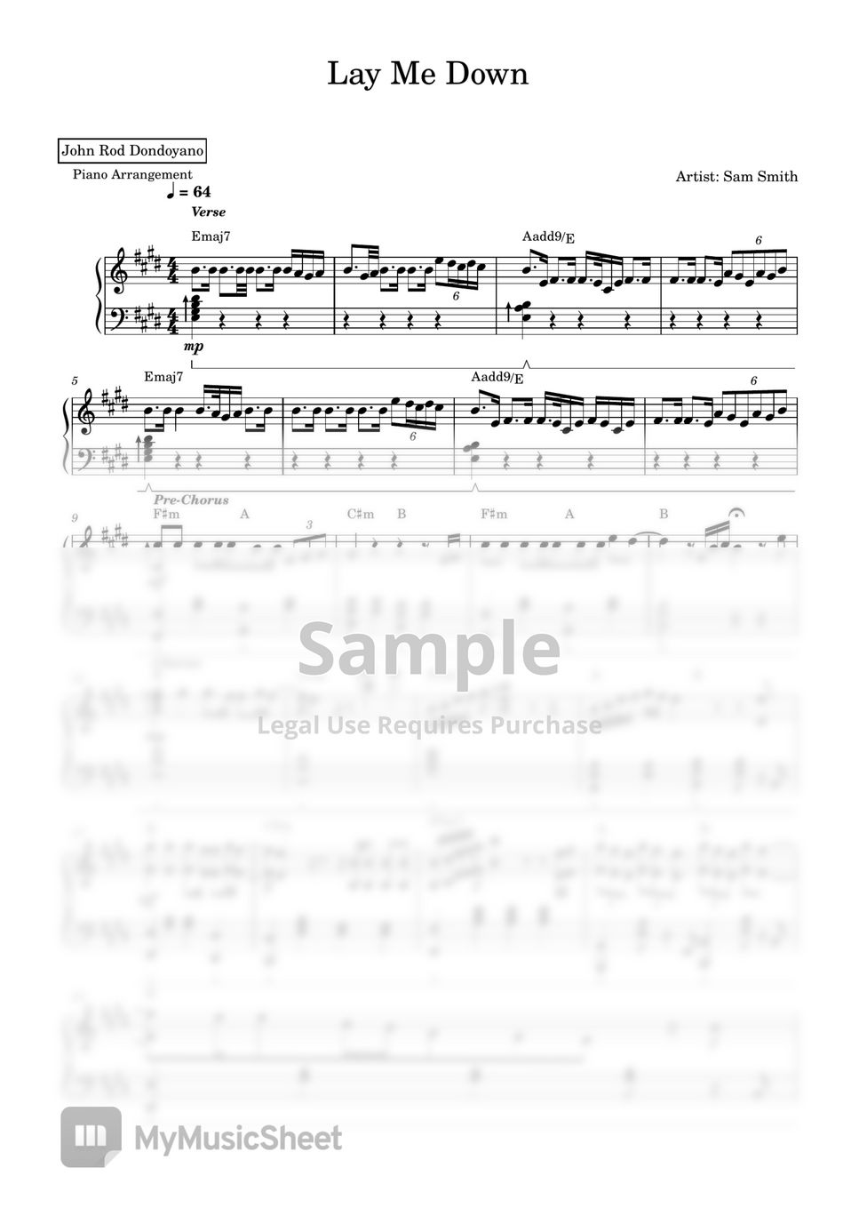 Sam smith lay me down piano sheet sheets by john rod dondoyano