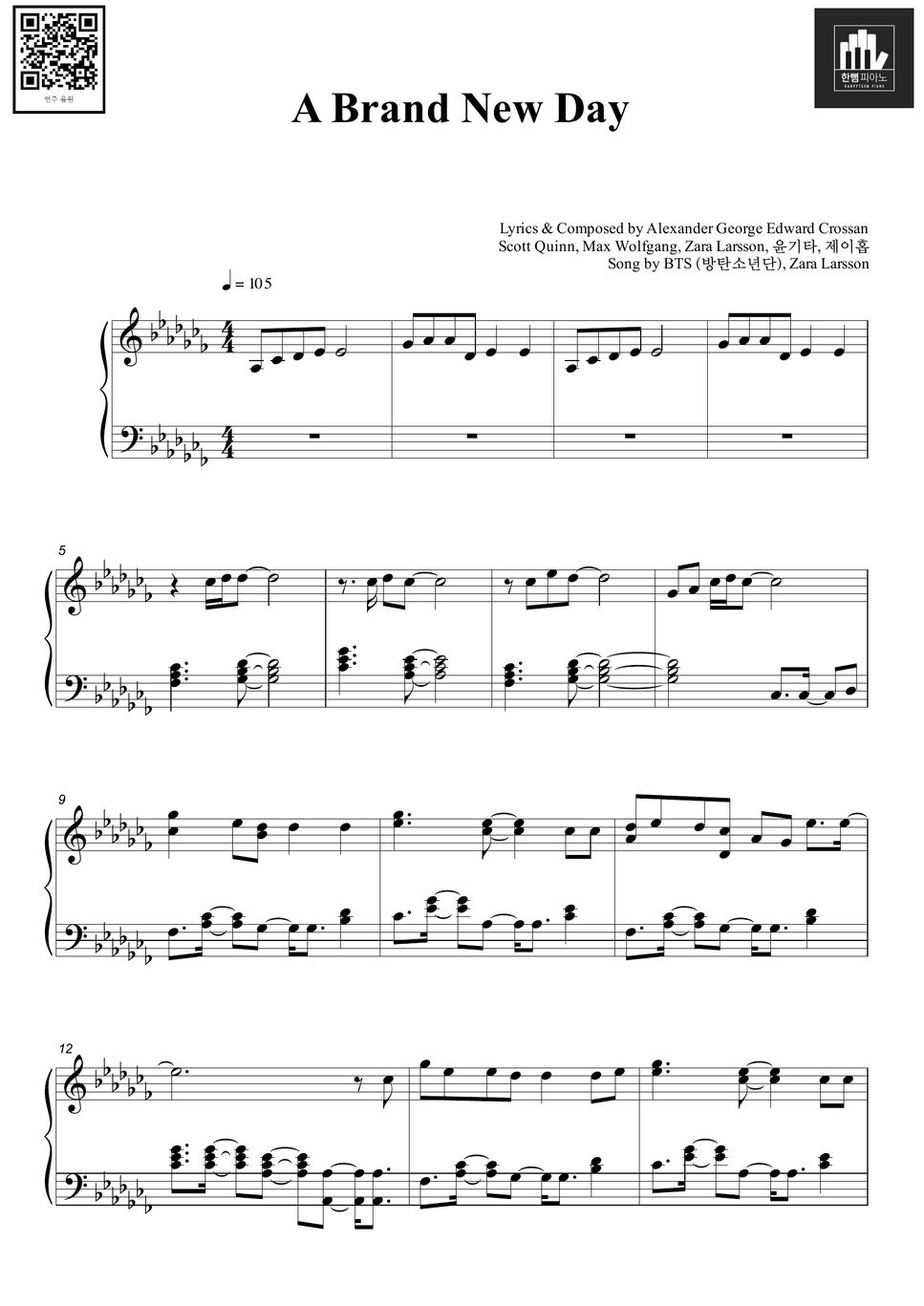 BTS (방탄소년단), Zara Larsson A Brand New Day [PIANO COVER] Hoja