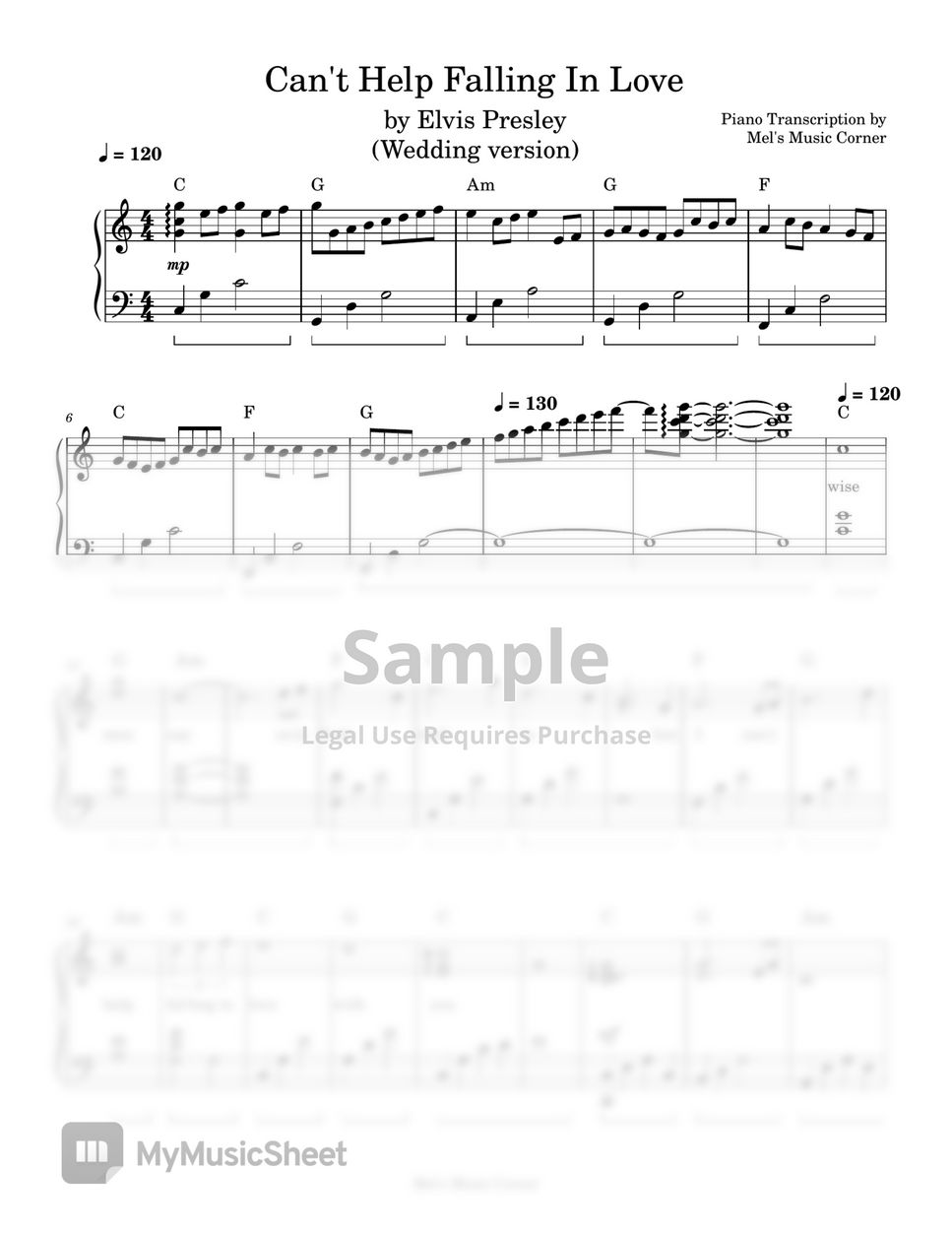 Elvis Presley - Can't Help Falling in Love (wedding version) piano sheet music by Mel's Music Corner