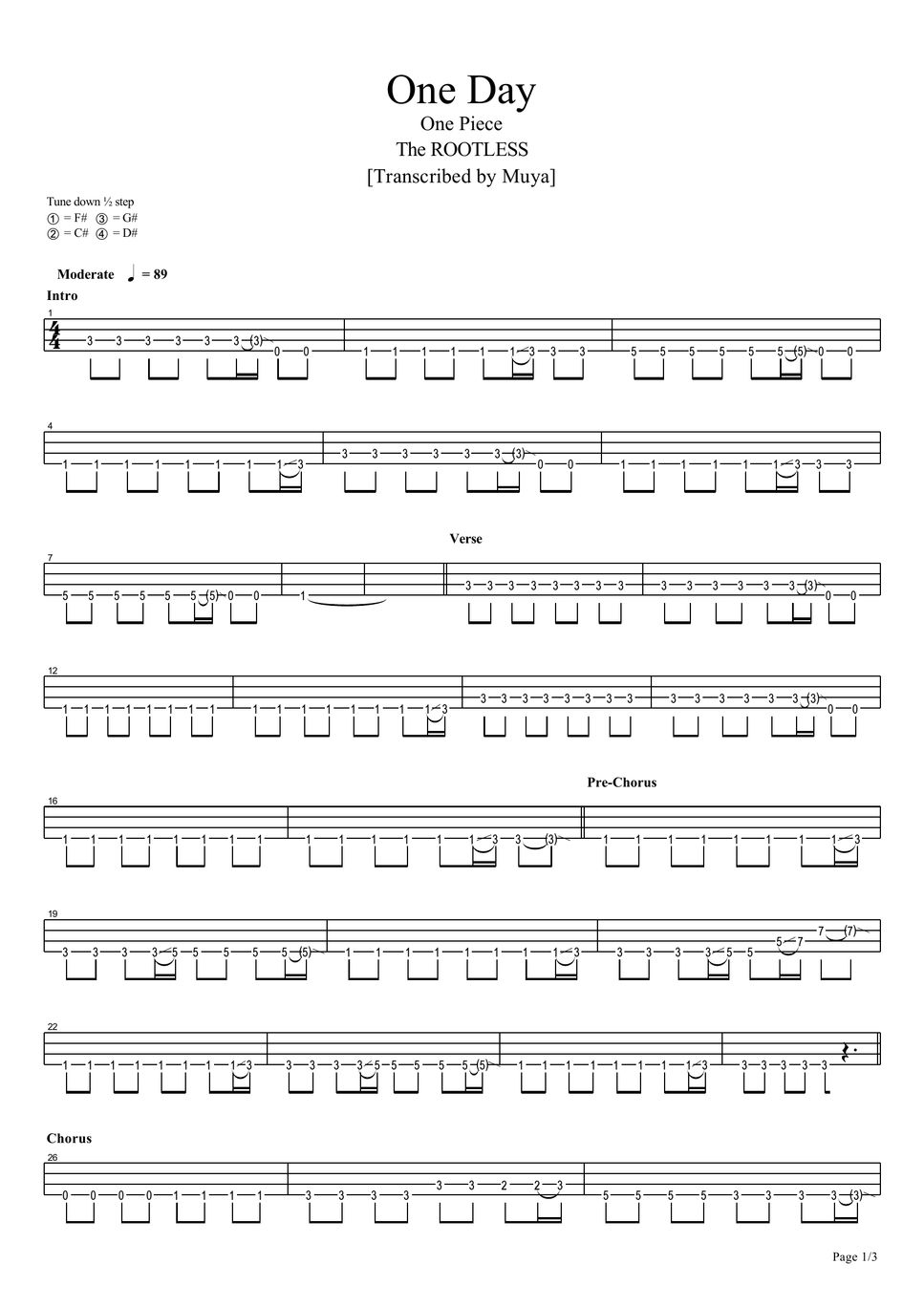 The ROOTLESS - One day (Bass TAB) Sheets by Muya