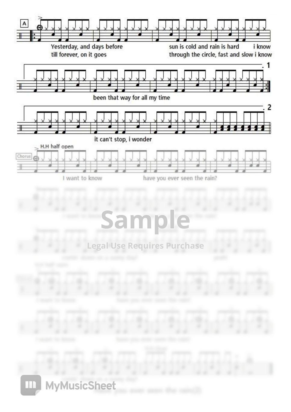 ccr - have you ever seen the rain Sheet by 쿵딱드럼