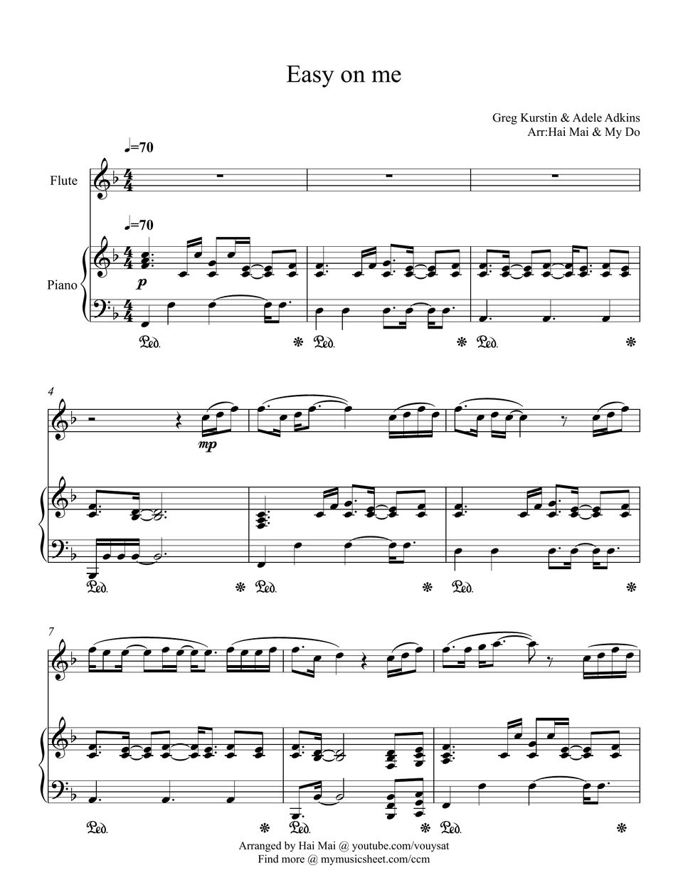 Adele Easy on me for Flute solo and Piano Sheet by My