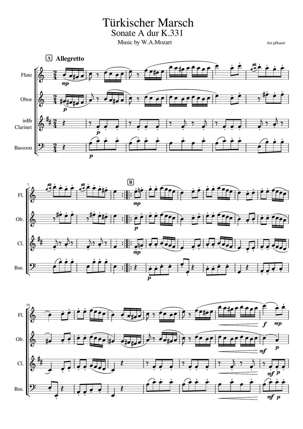 モーツァルト - トルコ行進曲 (木管四重奏/無伴奏 (fl,ob,cl,fg)) by pfkaori