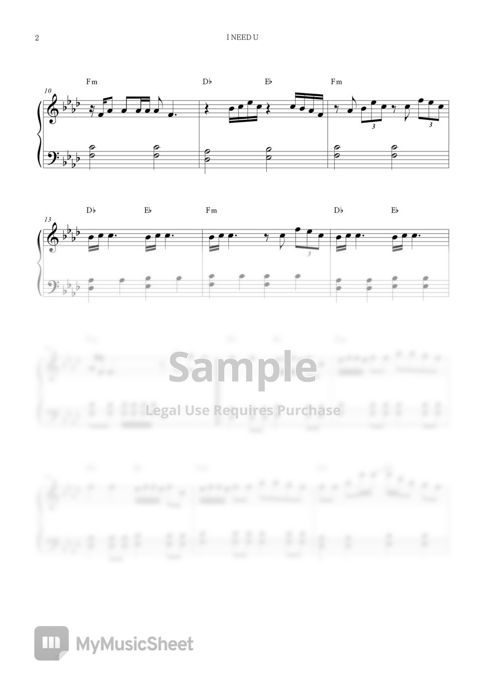 BTS - I NEED U Easy Piano Sheet Music