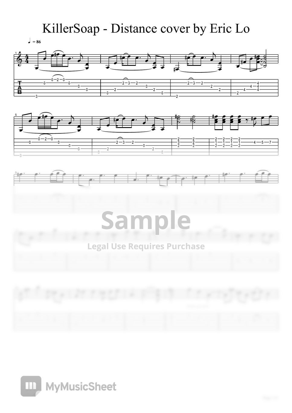 KillerSoap Distance guitar cover Tab + 1staff by eric lo