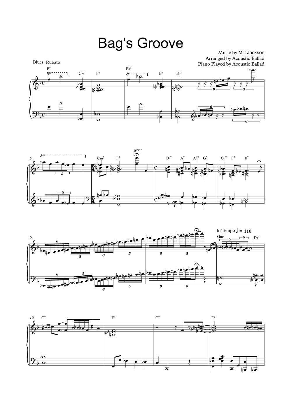 Milt Jackson Bag's Groove (Solo Piano Ver.) Sheets by Acoustic Ballad