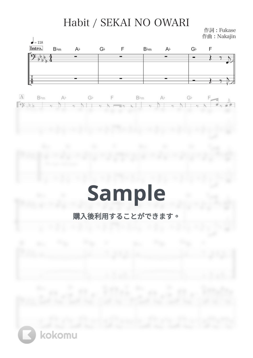 SEKAI NO OWARI - Habit by エレキベースのタブ譜