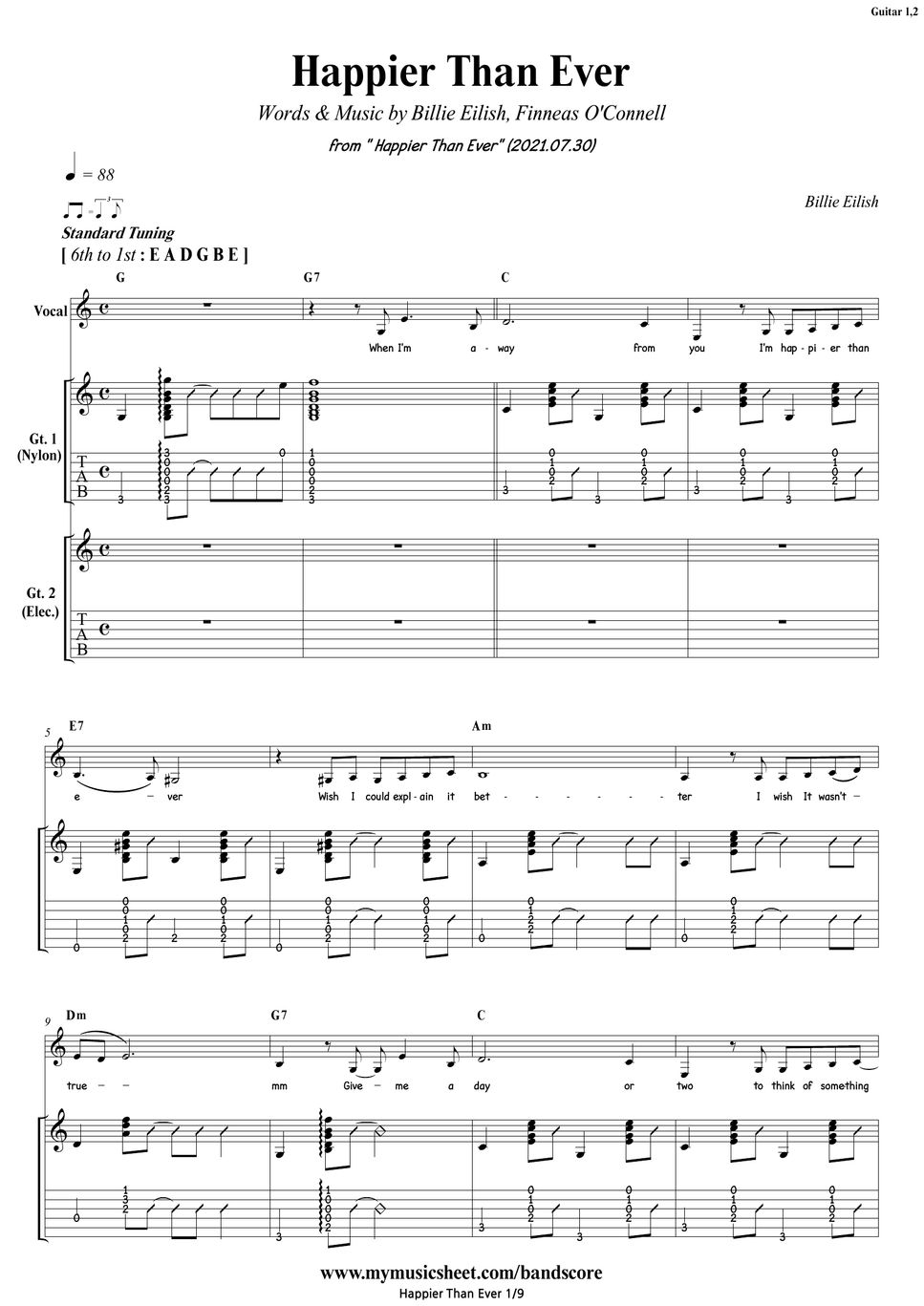 Billie Eilish Happier Than Ever Guitar Sheets 