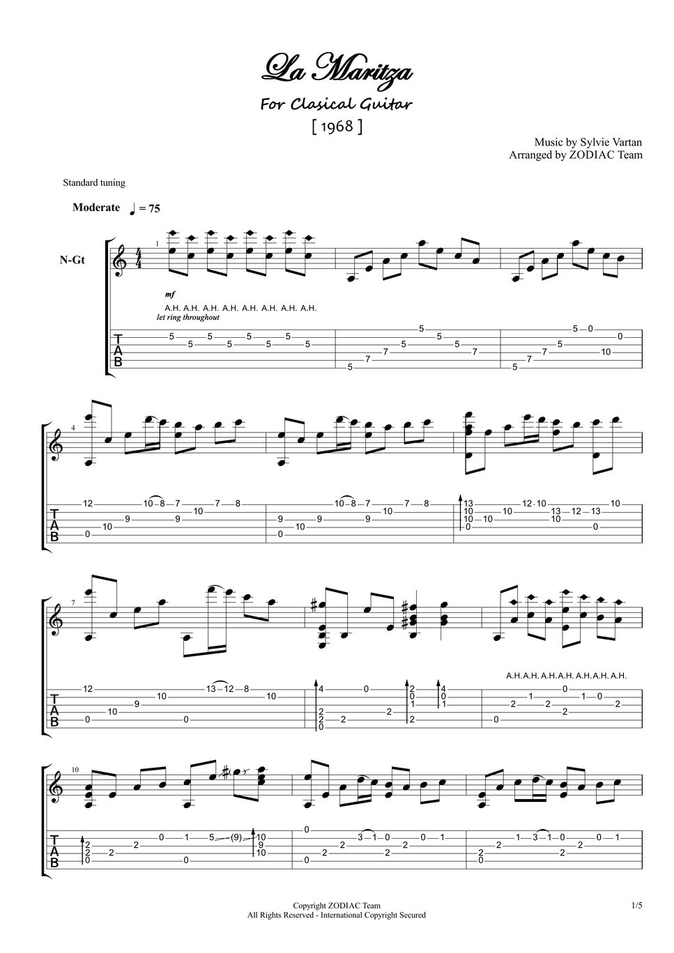 Sylvie Vartan La Maritza (마리짜 강변의 추억) 악보 by ZODIAC Team