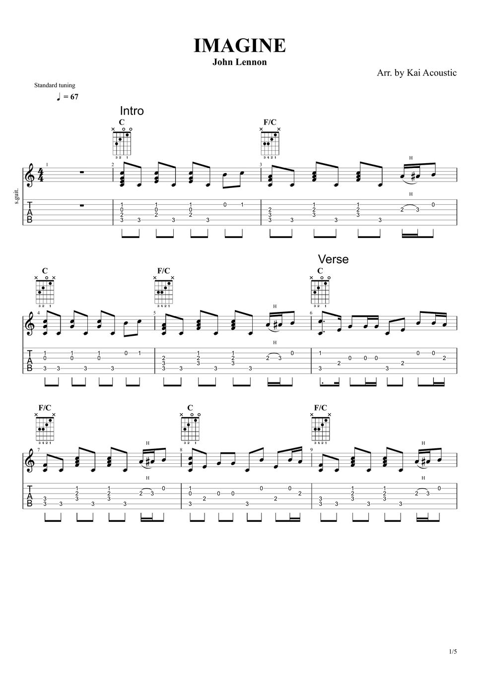 John Lennon Imagine Fingerstyle Guitar Tutorial TAB Sheets By Kai