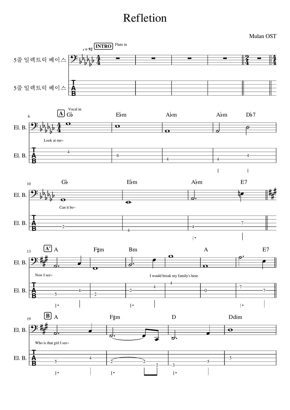 Mulan disney ost reflection bass copy sheet by song b