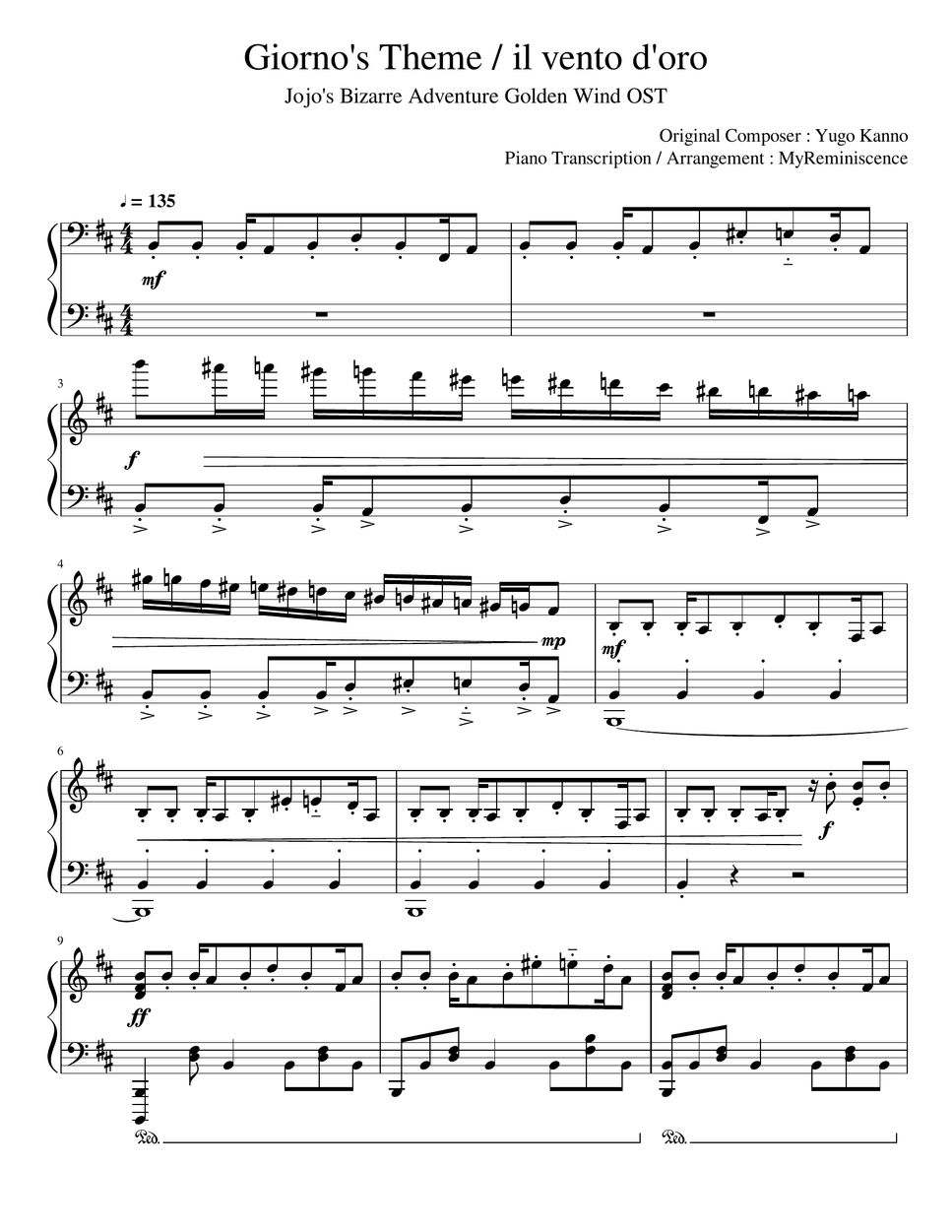 JoJo's Bizarre Adventure Golden Wind OST:Giorno's theme Sheet music for  Piano (Solo)