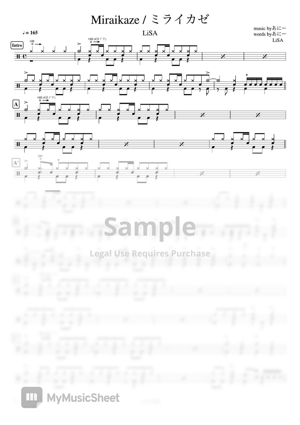 LiSA - Miraikaze / ミライカゼ by Cookai's J-pop Drum sheet music!!!