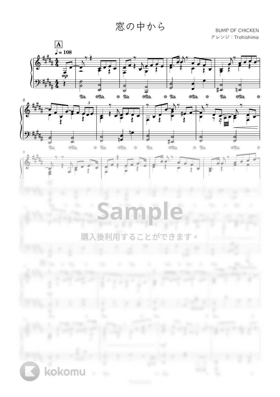 BUMP OF CHICKEN - 窓の中から (NHK『18祭(FES)』) 楽譜 by Trohishima