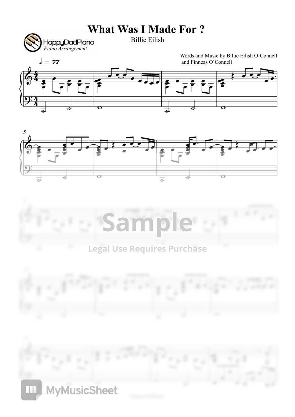 Billie eilish what was i made for partitura by happydadpiano