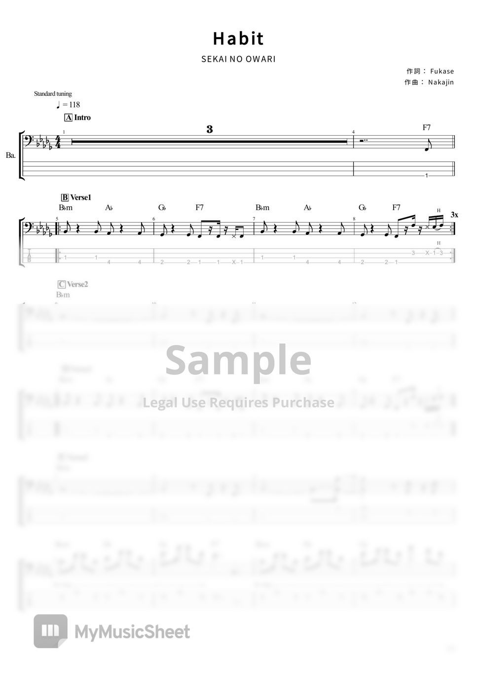 SEKAI NO OWARI - Habit (Bass TAB 4-strings) by T's bass score