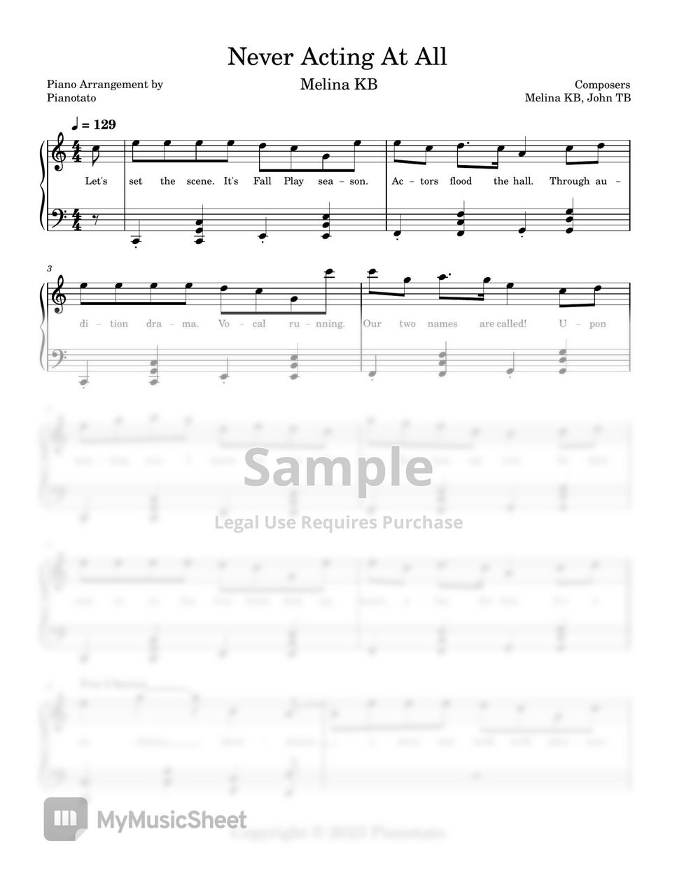 Melina KB Never Acting At All Sheets by Pianotato