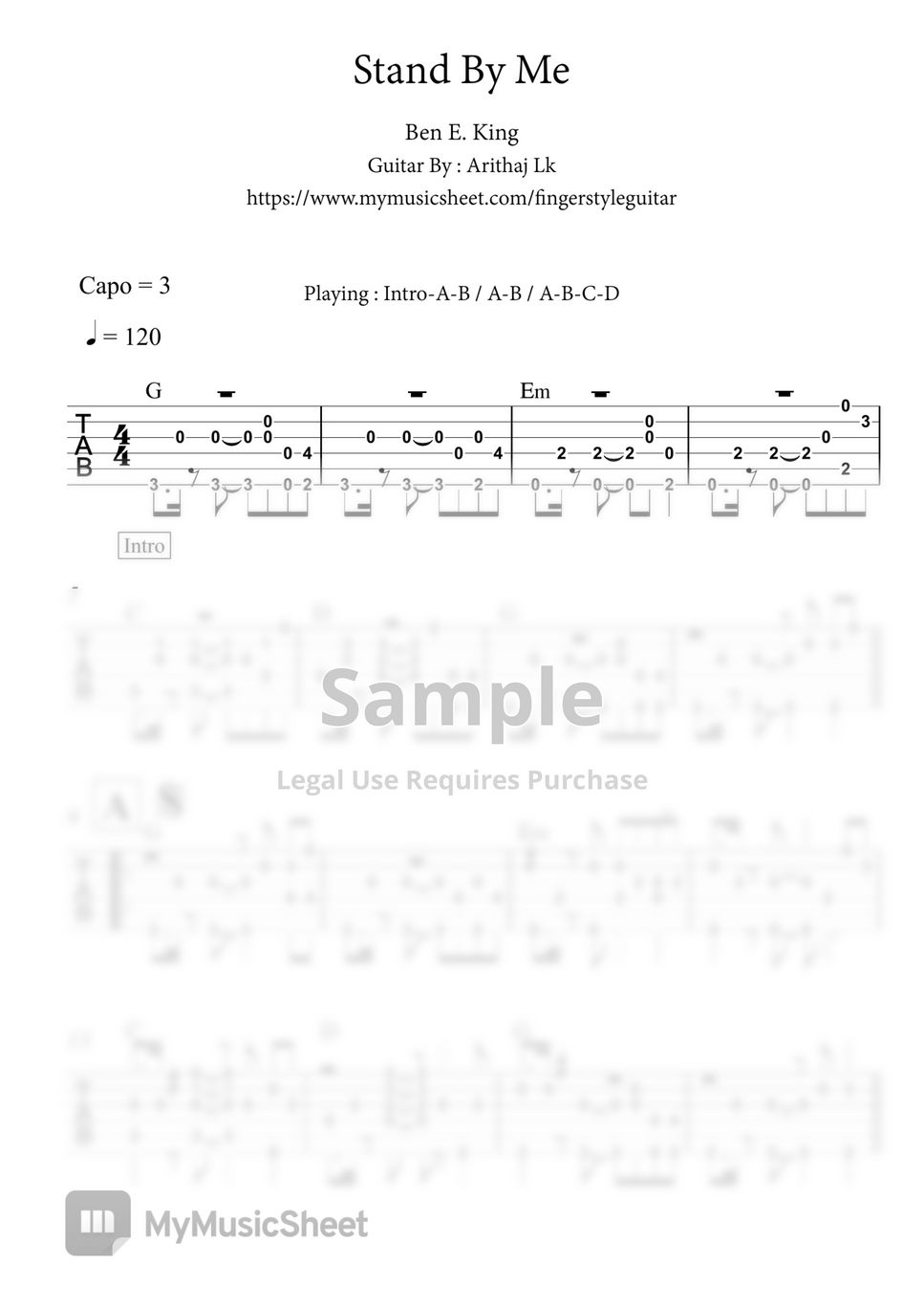 Ben E.King Stand By Me Fingerstyle Guitar 악보 by Arithaj Lk