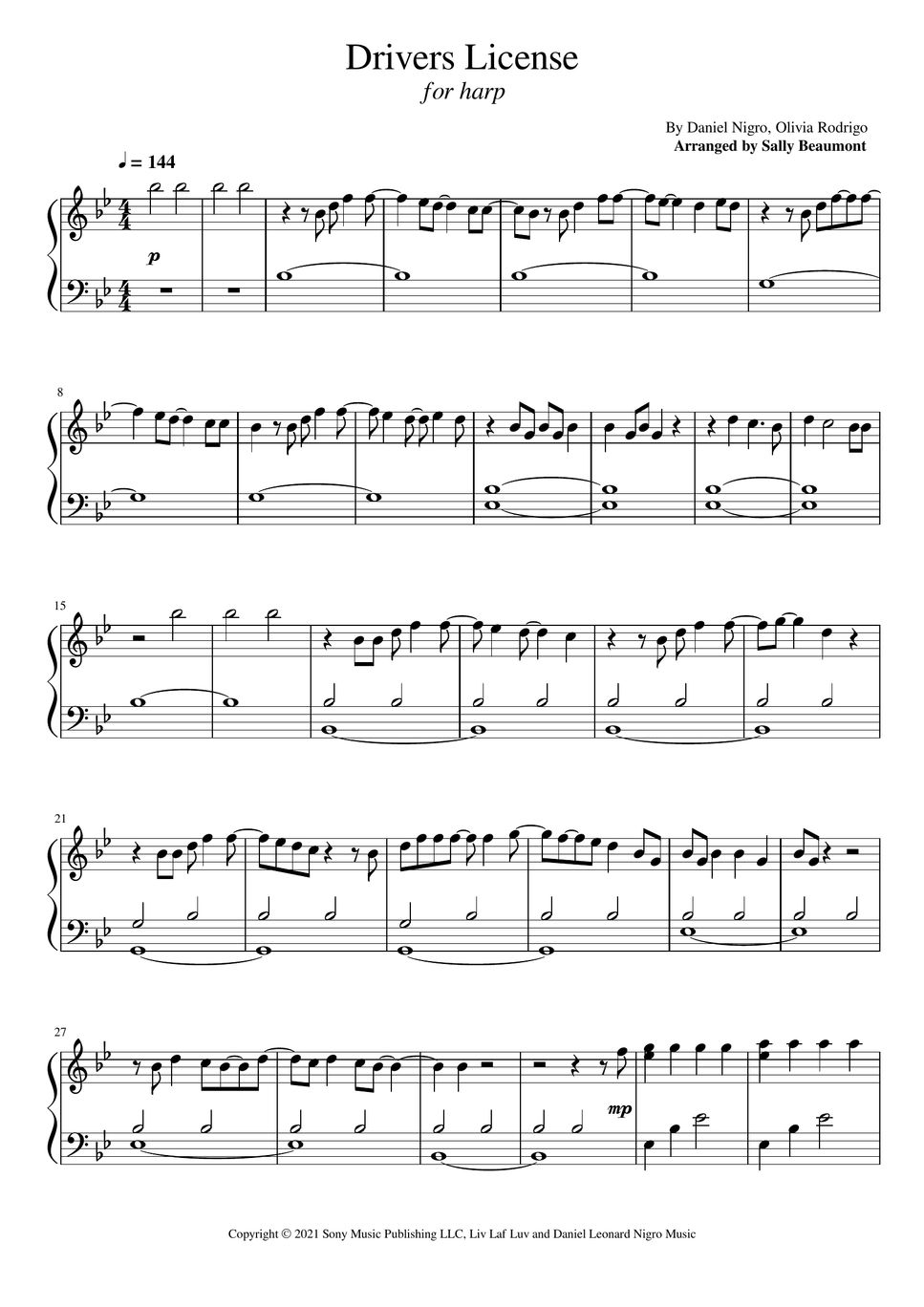 Olivia Rodrigo - Drivers License (Easy Harp) Sheets by Sally Beaumont